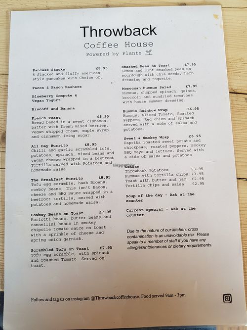 Menu at Throwback Coffee House in Wakefield