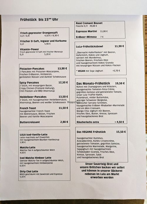 Menu page at Lula at Lula in Berlin