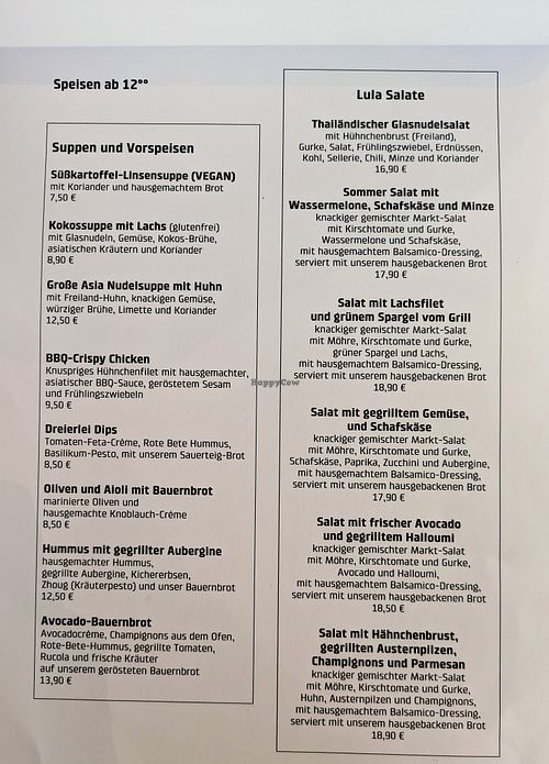 Menu page at Lula at Lula in Berlin