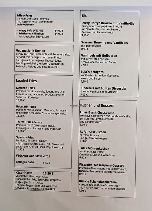 Menu page at Lula at Lula in Berlin