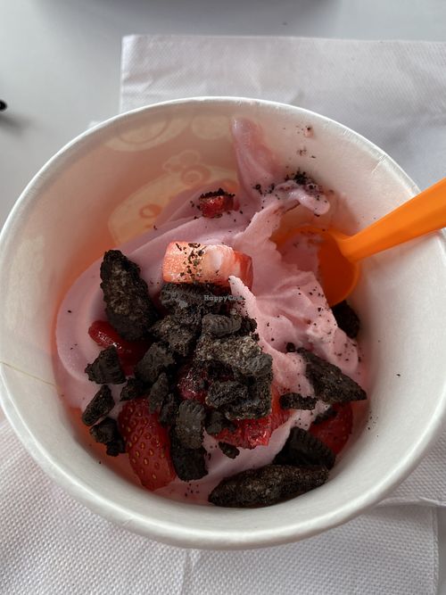 Non-Dairy Strawberry Lemonade Sorbet with Oreos, and strawberries at Fuse Frozen Yogurt in Saint Simons Island