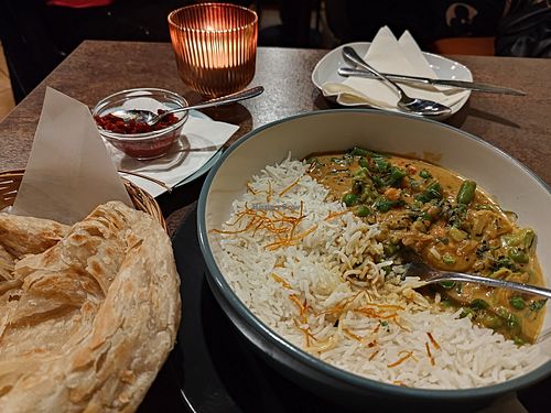 vegan korma with paratha flatbread at Nimbu Indian Fusion in Zilina