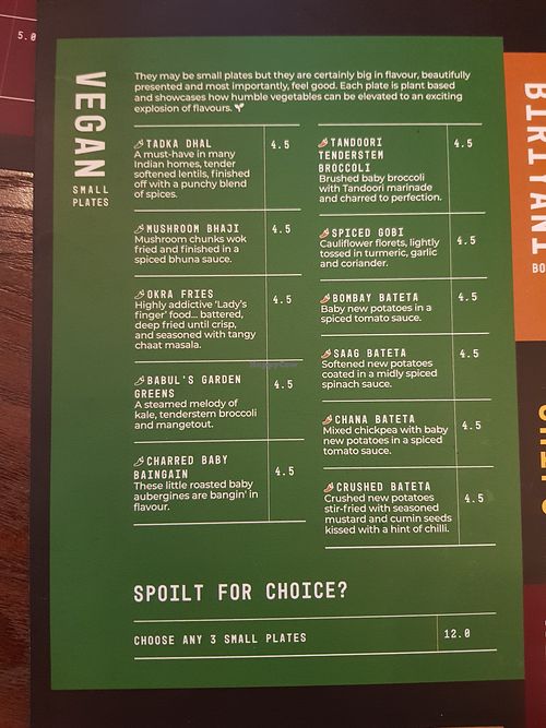 Vegan menu at Babul's in Barnard Castle