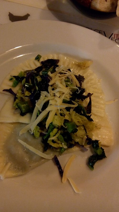 Ravioli with vegetables and vegan Swiss cheese. at Dolce Vegan in Florence