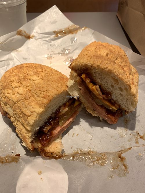 Limited edition high level BBQ rib sandwich with pickles  at SubVegan Sandwiches in Santa Ana