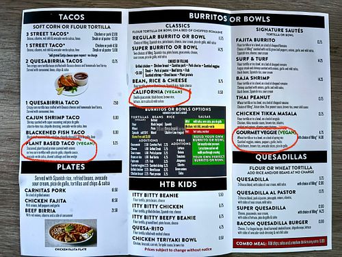 Three well labelled vegan entreess  at High Tech Burrito in Mill Valley