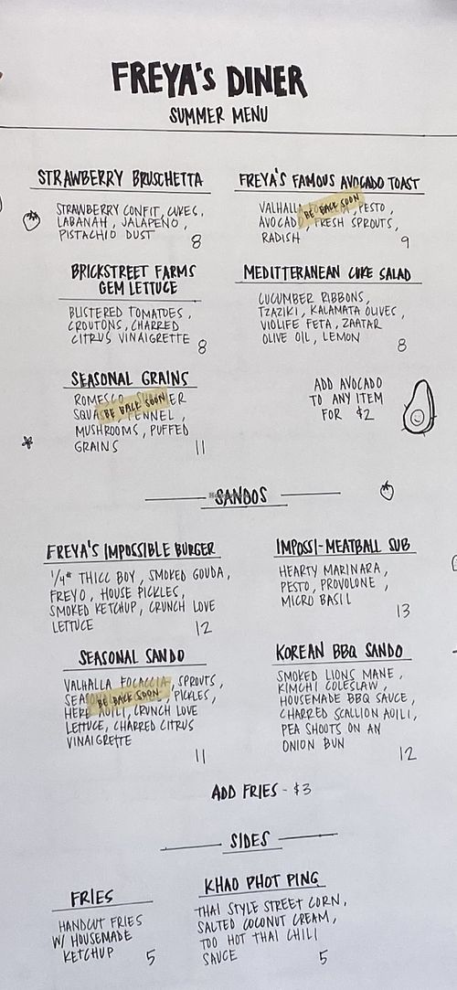The menu with what is available  at Freya's Diner in St Petersburg