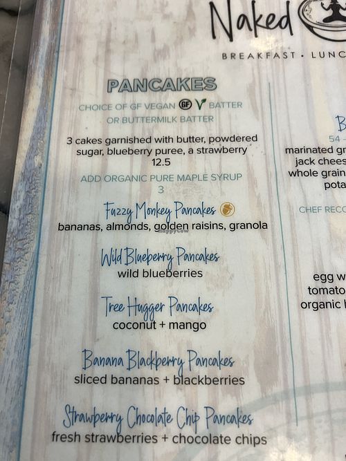 Menu pancakes section   at Naked Cafe in Carlsbad