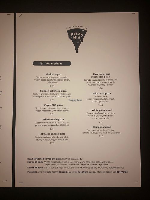 Full vegan pizza menu!  at Mamma Mia Pizza in Dunedin