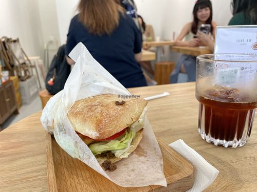 Tofu mushroom sandwich, and cold black coffee    at Lilac Oak in Central Singapore