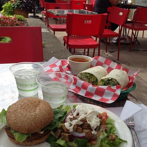 picnic food, eaten at tables on the sidewalk at Jazzy Veggie in Ann Arbor