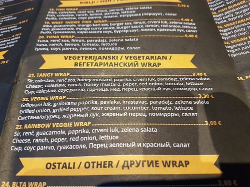 Veggie menu at Wrap House in Budva