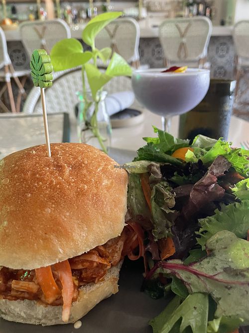 BBQ Jackfruit Sandwich with greens. Delicious!   at Mood in Tequesta