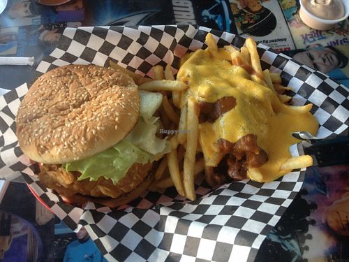 Spicy chik'n sandwich with chili-cheese fries at Doomie's Home Cookin' in Hollywood