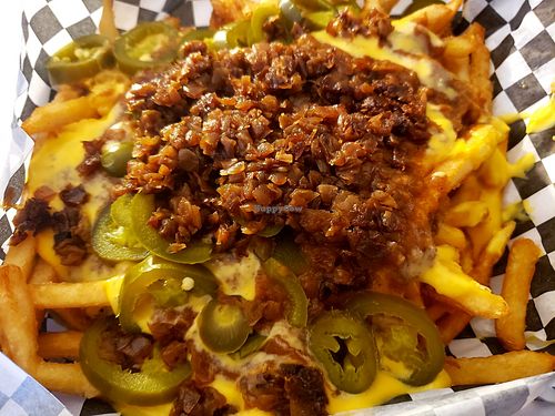Cheesy fries with jalapeno and grilled onions at Doomie's Home Cookin' in Hollywood