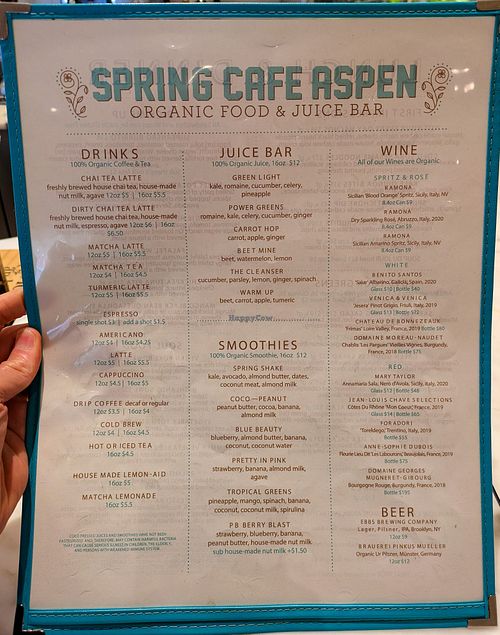 Menu page at Spring Cafe Aspen at Spring Cafe Aspen in New York City