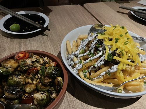 Truffle fries and brussel sprouts (vegan versions requested)  at Little Bao Diner in Hong Kong Island