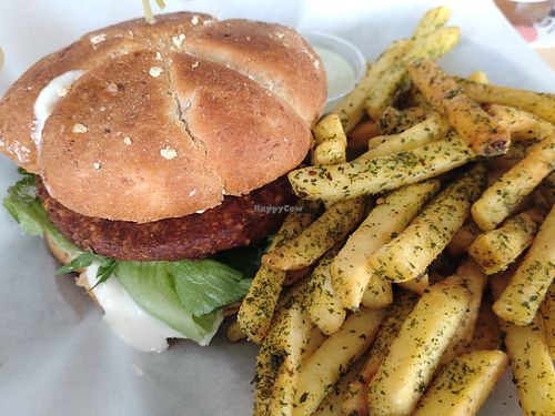 Vegan Ridley burger with side of fries. at Morton in Varkaus