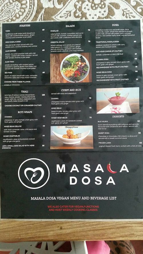 Menu at The Masala Dosa in Cape Town