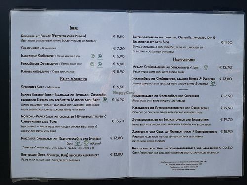 Karte vom Franzl mit vegan und vegetarisch gelabelten Speisen at Franzl in Piesendorf