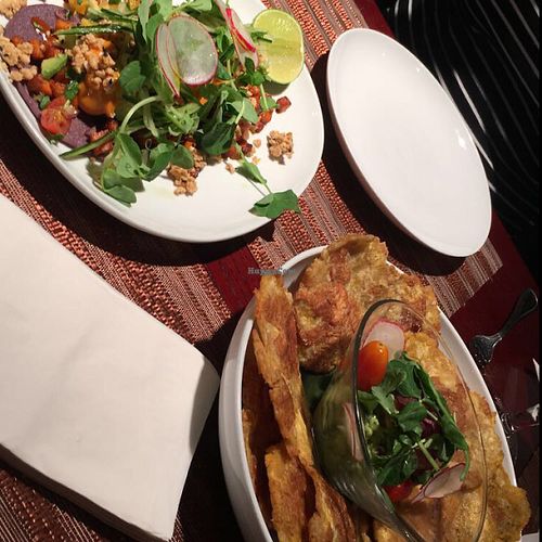Korean cauliflower tacos (left) and plantain tostones with guac (right). SO GOOD.  at Blue Sage Vegetarian Grille in Southampton