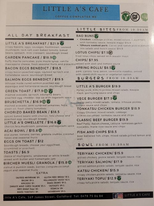 Menu at Little A's Cafe in Guildford