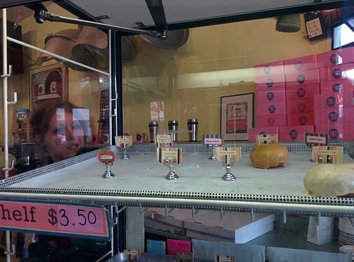 Donut case display at Pepples Donut Farm in Berkeley