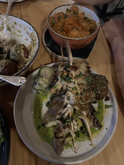 sauteed mushrooms, smokey perfection, african peanut stew, divine, moist & deeply flavored falafel  at Baba in Spokane