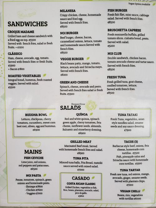 New lunch menu. All leaf items can be vegan at Noi Bistro in Tamarindo