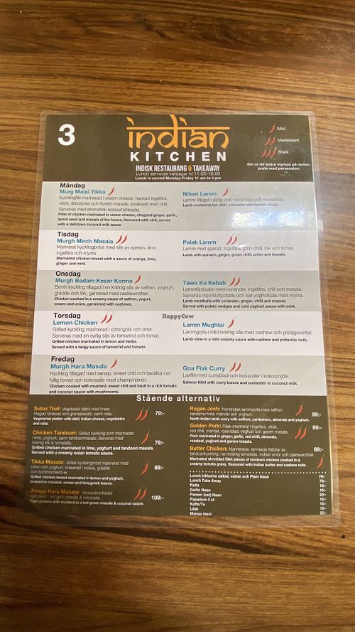 Menue  at Indian Kitchen in Halmstad