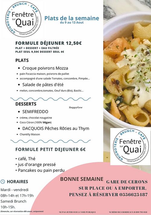Menu du 9 au 14 Août 2021 at Fenêtre sur Quai in Cerons