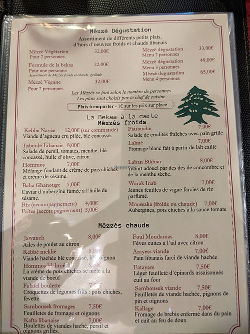 Menu at La Bekaa in Dieppe