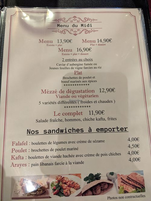 Menu at La Bekaa in Dieppe