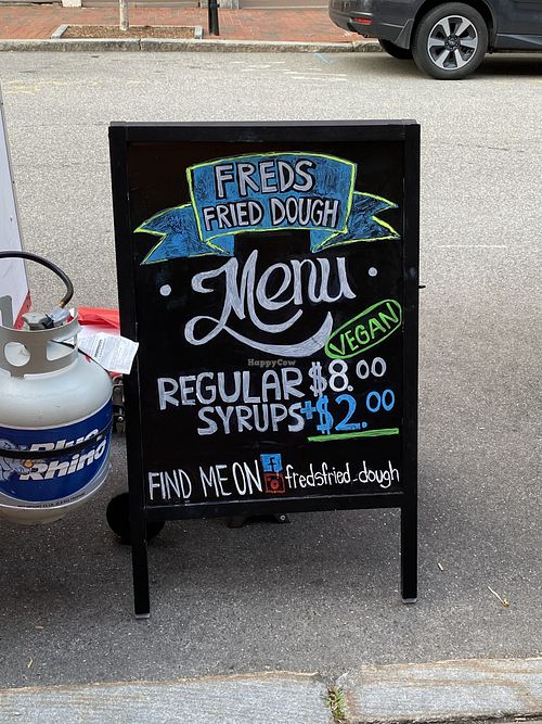 Vegan friendly notes on sign  at Fred's Fried Dough in Portland