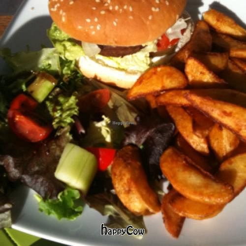 wondful veggie burger, perfect home fries, and fresh salad at Loving Hut - Marbella in Marbella