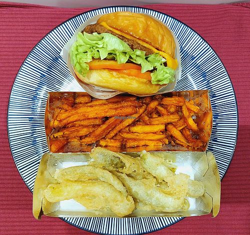 vegan beyond burger, kamote (sweet potato) fries and dill pickle fries at Sweet Ecstasy in Makati