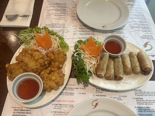 Sweetcorn fritters and veg rolls  at Chilli Club in Lymm