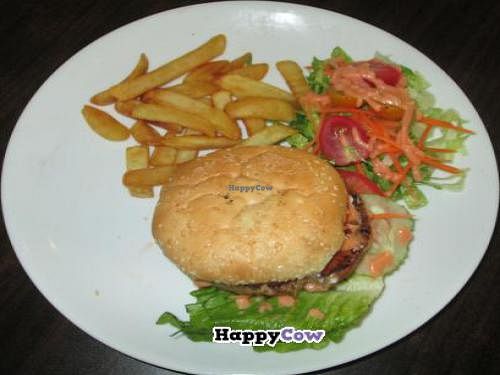 Burger and fries at Permai Village Cafe Vegetarian Delights in Penang