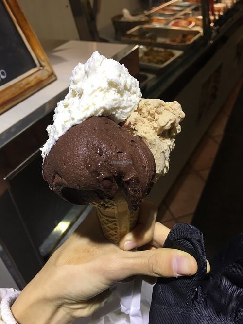 Vanilla, Hocolate, Hazelnut plus soy crema on top. DELICIOUS. at Gelarmony - Marcantonio Colonna in Rome