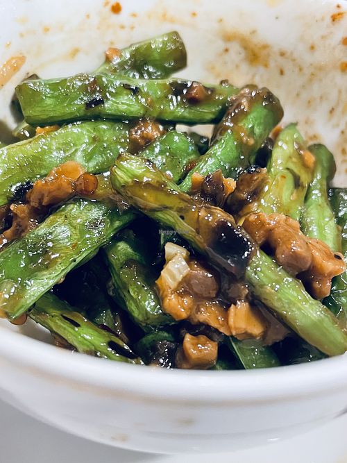 String beans with mock mince (half eaten!)  at Veggie Kingdom 緻素坊 in Kowloon