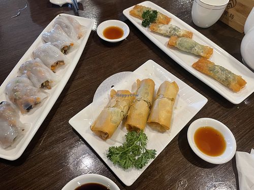 Dim sum - rice rolls, fried dumplings, spring rolls  at Veggie Kingdom 緻素坊 in Kowloon