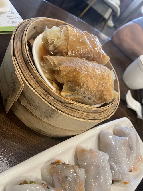 Bean curd skin filled with mushrooms, white fungus etc   at Veggie Kingdom 緻素坊 in Kowloon
