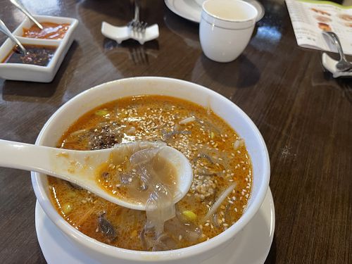 Flat noodles in hot and sour soup at Veggie Kingdom 緻素坊 in Kowloon