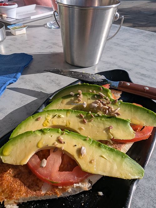 Tostada with avocado and tomato (half portion) at the Corner in Tenerife