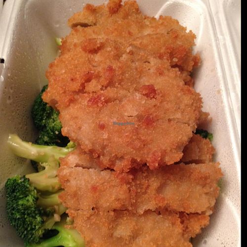 'Chicken' & broccoli served with a pineapple sauce  at New Harmony Vegetarian Restaurant in Philadelphia