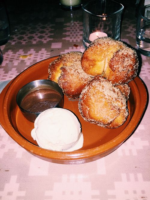 Chocolate and cinnamon vegan doughnuts and ice cream at Milgi in Cardiff