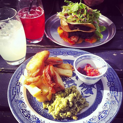 Halloumi and chips (vegi) and a tortilla stack (vegan) at Milgi in Cardiff