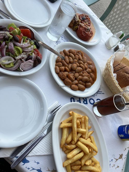 Stuffed peppers/tomatoes, Greek salad no cheese, beans, chips, bread   at Akrogliali in Corfu
