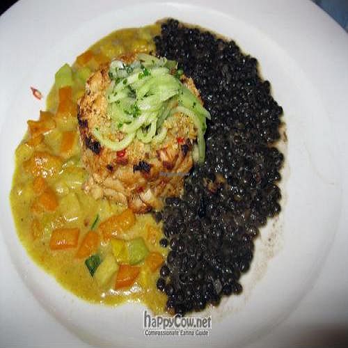 Fresh Hearts of Palm Cake: curried mixed squash, braised black lentils, cucumber mint chutney $19 at Horizons in Philadelphia