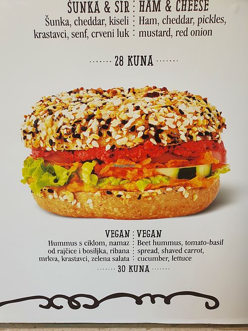 Vegan option 30 kn: beet hummus, tomato basil spread, shaved carrot, cucumber, lettuce  at Brooklyn Bagel Co in Split